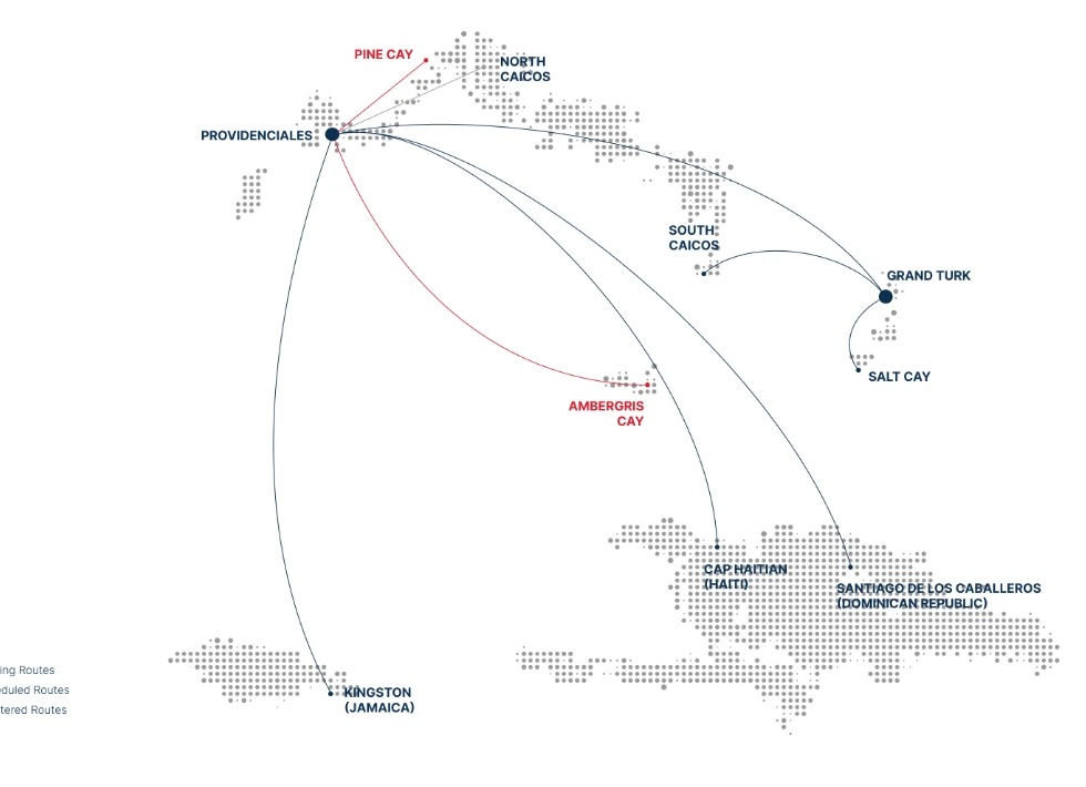 Illustrated routes from Providenciales to destinations in Turks and Caicos and the wider Caribbean.